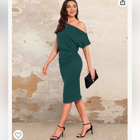 Off The Shoulder Short Sleeve Ribbed Casual Party Bodycon Midi Green Dress - Picture 2 of 15